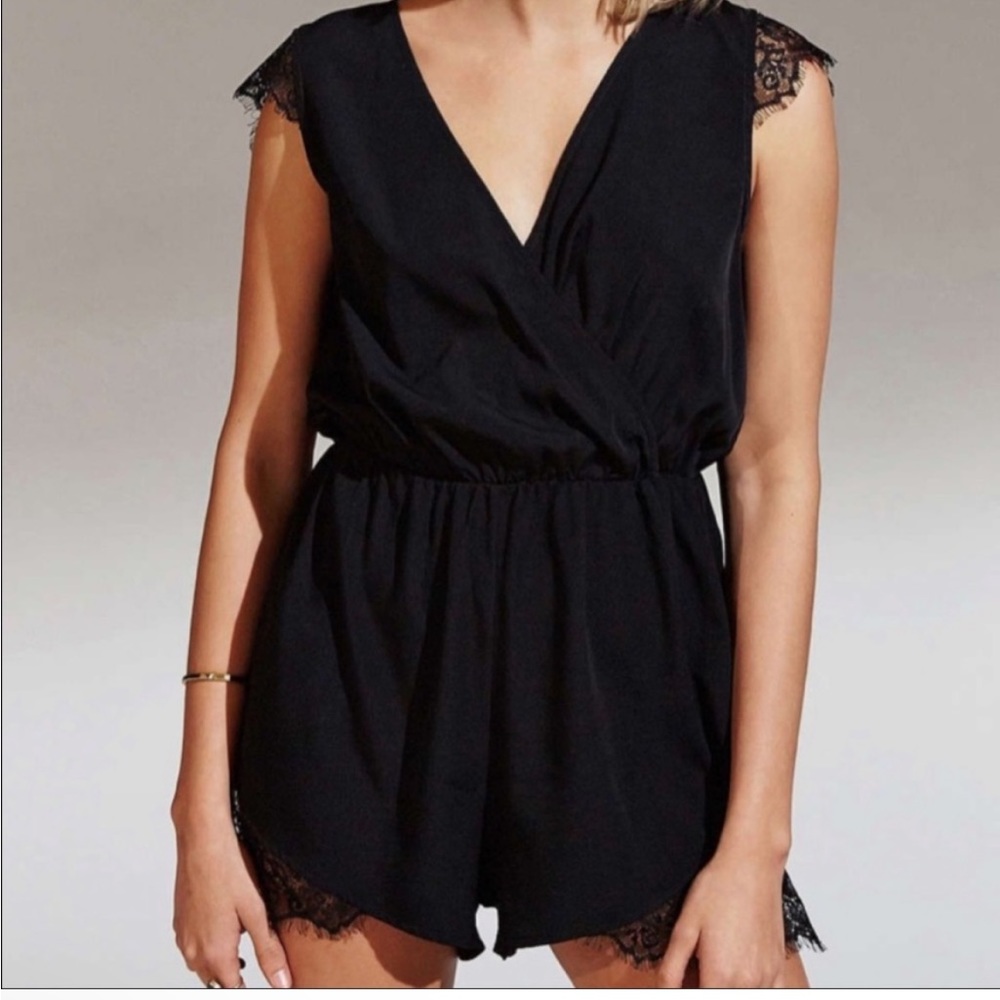Kimchi Blue Black Short Romper One Piece Lace Elastic Waist